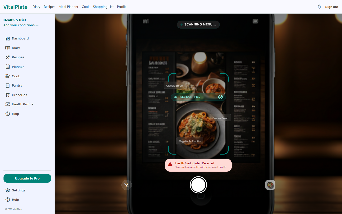 VitalPlate menu scanner highlighting dishes on a restaurant menu