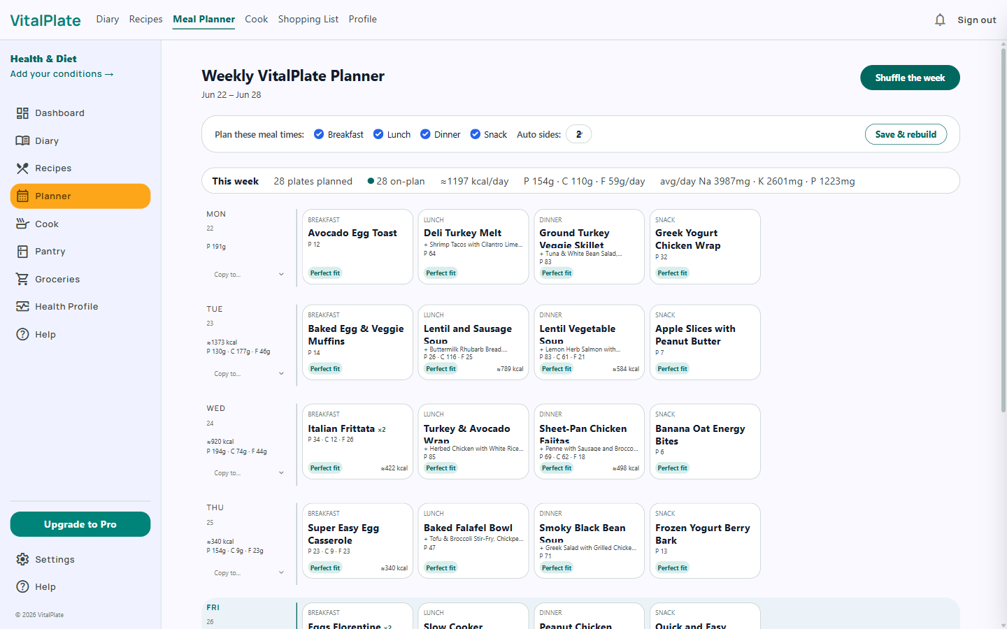 VitalPlate weekly meal planner with recipe cards across the week