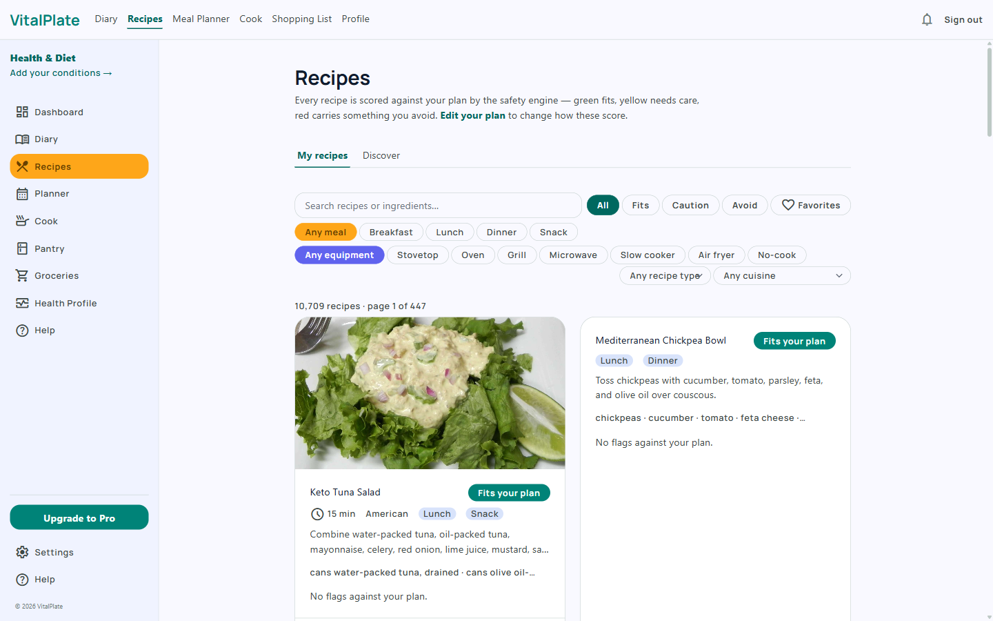VitalPlate recipes hub — your collection and discover, every recipe scored against your plan